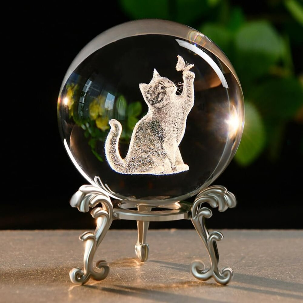 Cat and Butterfly Crystal Ball with Stand Stunning 3D Technology Mothers Day